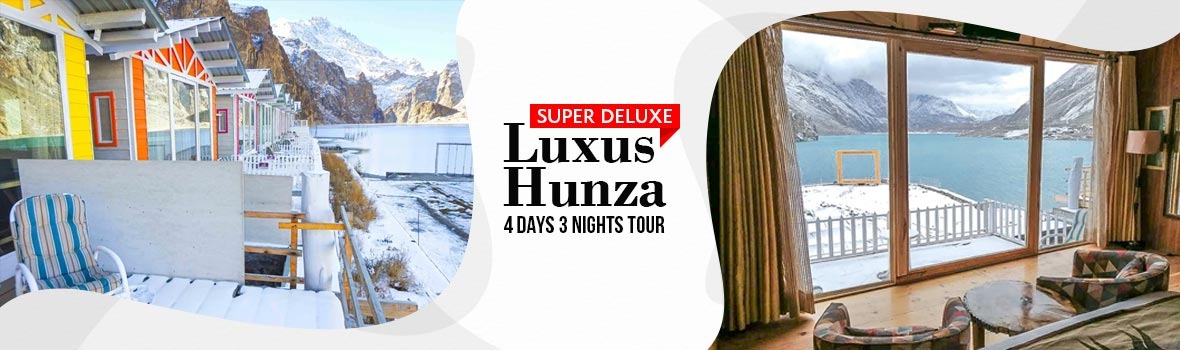 Luxus Hunza Tour Package 4 Days 3 Nights Offering Luxus Hunza Tour Package 4 Days 3 Nights in midst of attabad lake with premium price tag, considering its all weather resort, you can enjoy in winters as well as in Summer. Beat the heat with awesome views of blue lake in Northern Pakistan.