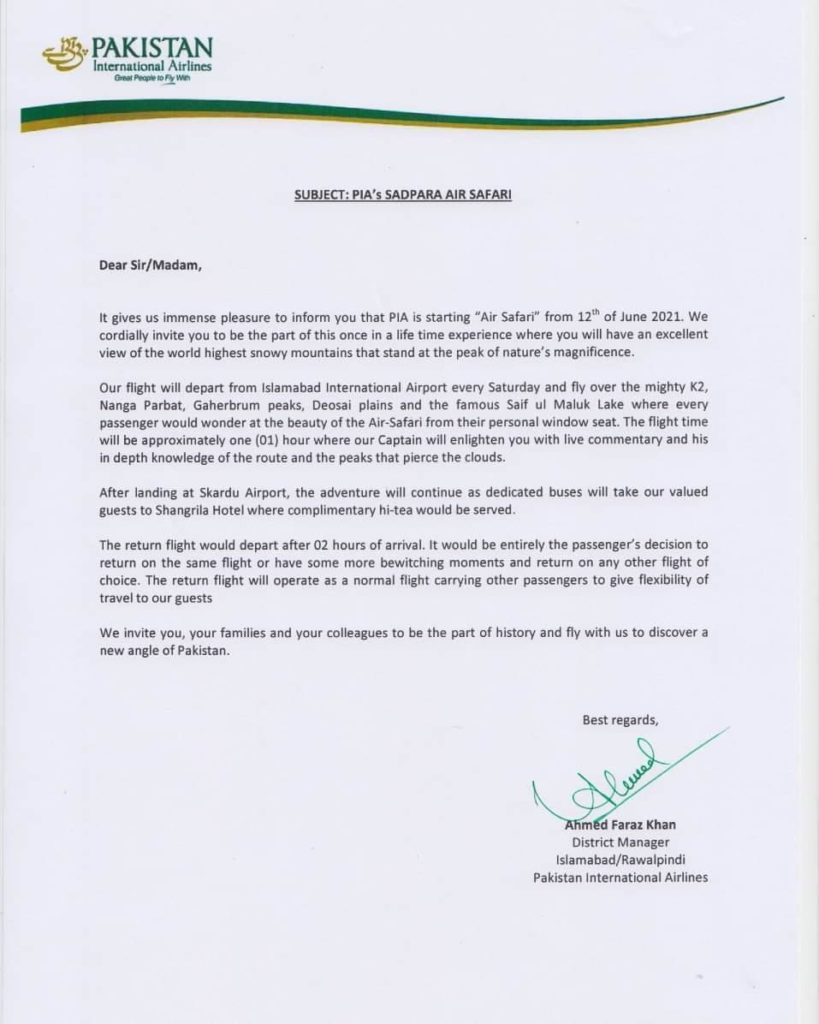 PIA To Resume ‘Sadpara’ Air Safari Service 3 PIA will resume "Sadpara" Air-Safari service